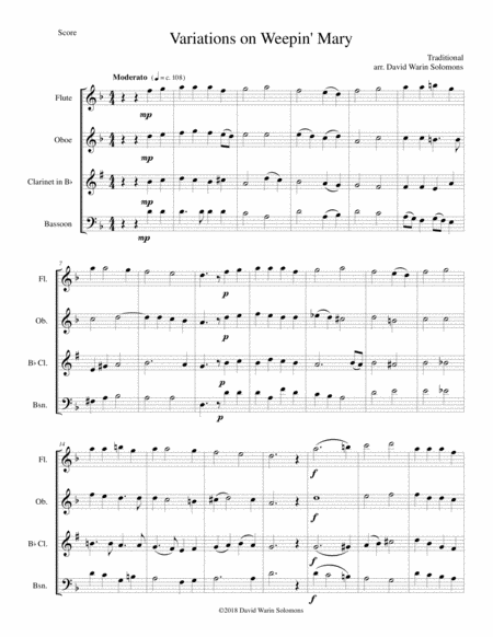 Variations On Weepin Mary For Wind Quartet Sheet Music