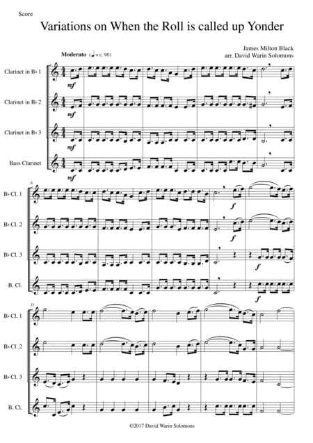 Variations On When The Roll Is Called Up Yonder For Clarinet Quartet Sheet Music