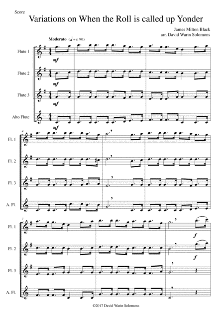 Free Sheet Music Variations On When The Roll Is Called Up Yonder For Flute Quartet 3 Flutes And 1 Alto Flute