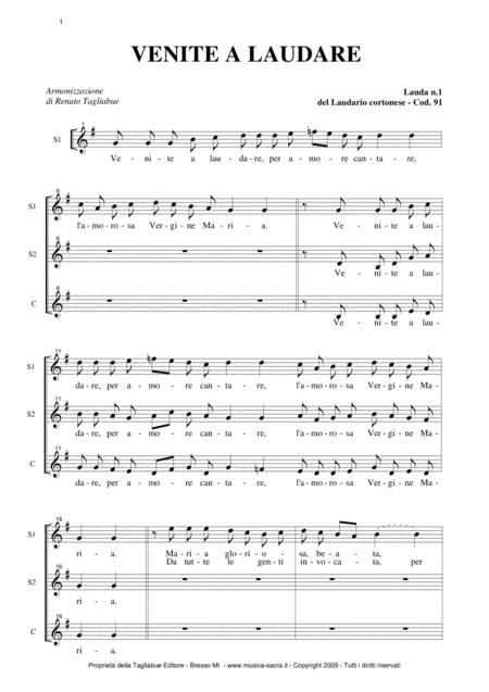 Venite A Laudare Laudario Cortonese Arr For Ssa Choir Sheet Music