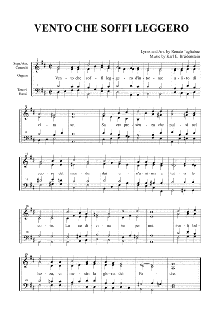 Vento Che Soffi Leggero K E Breidenstein Tagliabue For Satb Choir And Organ Sheet Music