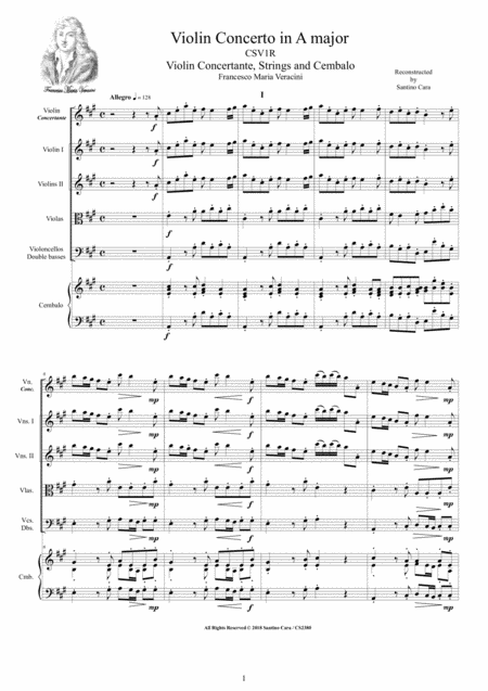 Veracini Violin Concerto In A Major Csv1r For Violin Strings And Cembalo Sheet Music