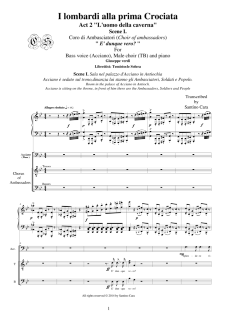 Verdi I Lombardi Alla Prima Crociara Act2 I E Dunque Vero Bass Voice Male Choir Tb And Piano Sheet Music