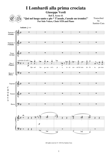 Free Sheet Music Verdi I Lombardi Alla Prima Crociata Act1 Ii Qui Nel Luogo Santo E Piot Assale Un Tremito Solo Voices Choir Stb And Piano