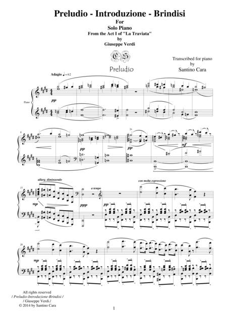 Verdi La Traviata Act1 Preludio Introduzione Brindisi Solo Piano Sheet Music