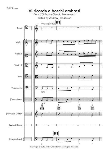 Vi Ricorda O Boschi Ombrosi Score And Parts For Tenor And Strings With Editorial Guitar Harpsichord And Woodblock Sheet Music