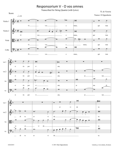 Victoria Responsorium V O Vos Omnes Arr For String Quartet Sheet Music