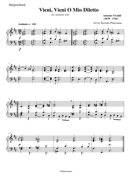 Vieni Vieni O Mio Diletto For Soprano And Chamber Orchestra Sheet Music