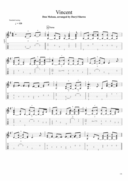 Free Sheet Music Vincent Starry Starry Night By Don Mclean For Solo Fingerstyle Guitar
