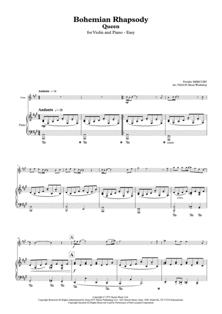 Violin Piano Easy Arr Queen Bohemian Rhapsody Sheet Music