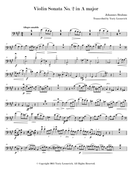 Violin Sonata No 2 In A Major Op 100 Transcribed For Cello And Piano Sheet Music