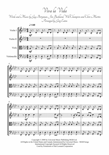 Viva La Vida Arranged For String Quartet By Greg Eaton Score And Parts Perfect For Gigging Quartets Sheet Music