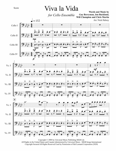 Viva La Vida Cello Ensemble Sheet Music