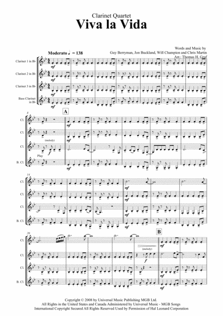 Viva La Vida Cold Play Clarinet Quartet Sheet Music