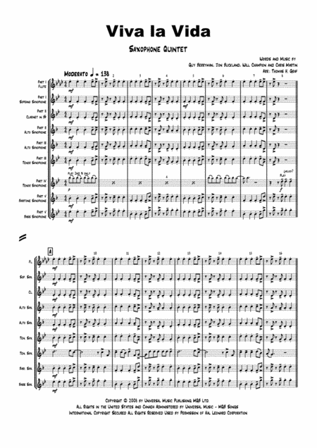 Viva La Vida Cold Play Saxophone Quintet Sheet Music