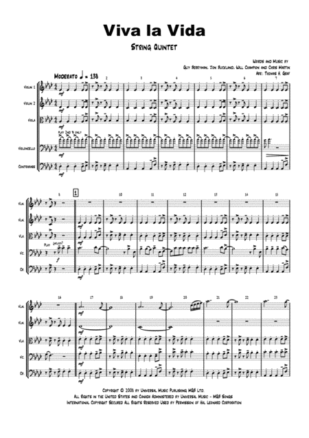 Viva La Vida Cold Play String Quintet Sheet Music