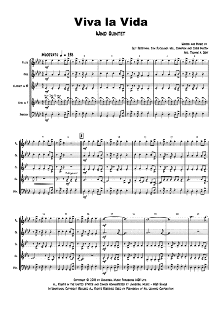 Viva La Vida Cold Play Wind Quintet Sheet Music