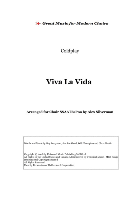 Free Sheet Music Viva La Vida Coldplay Choir And Piano Edition