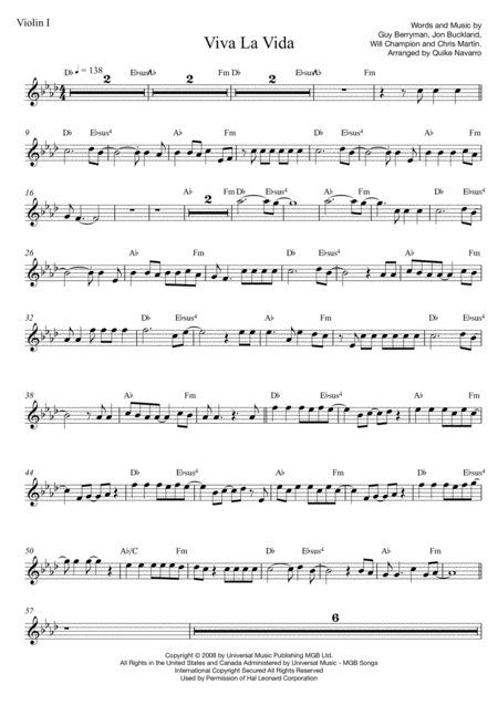 Viva La Vida Coldplay String Quartet Sheet Music