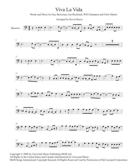 Viva La Vida Easy Key Of C Bassoon Sheet Music