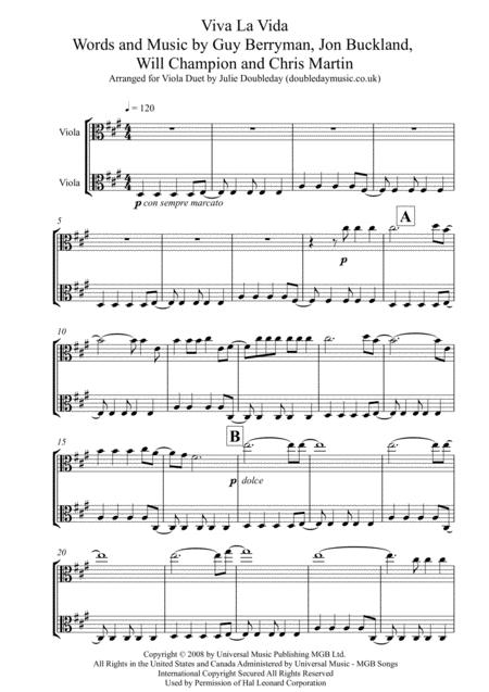 Free Sheet Music Viva La Vida For Viola Duet