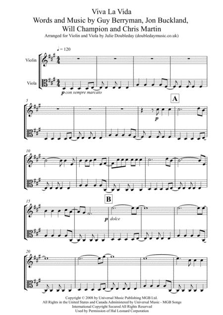 Viva La Vida For Violin And Viola Duet Sheet Music