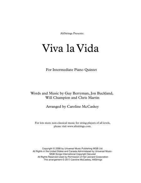 Viva La Vida Piano Quintet Sheet Music