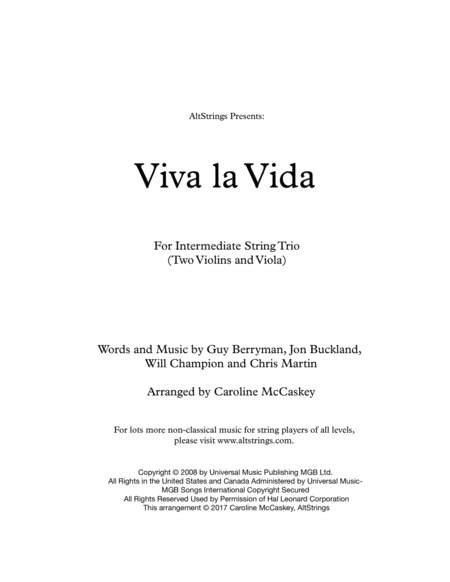 Viva La Vida String Trio Two Violins And Viola Sheet Music