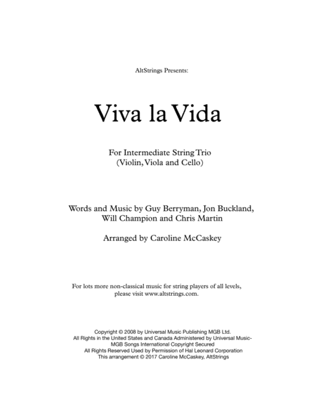 Viva La Vida String Trio Violin Viola And Cello Sheet Music