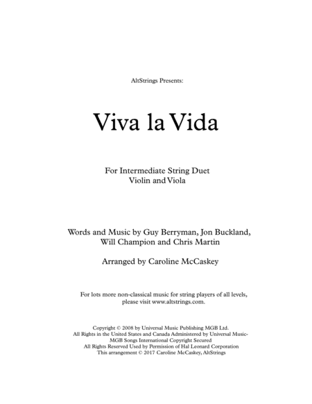 Free Sheet Music Viva La Vida Violin And Viola Duet