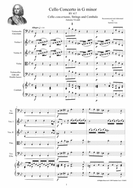 Free Sheet Music Vivaldi Cello Concerto In G Minor Rv 417 For Cello Strings And Cembalo