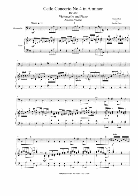 Free Sheet Music Vivaldi Cello Concerto No 4 In A Minor Rv 422 For Cello And Piano