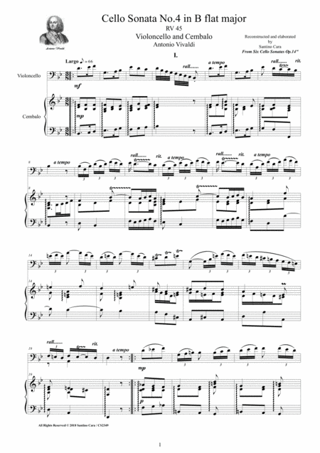 Free Sheet Music Vivaldi Cello Sonata No 4 In B Flat Op 14 Rv 45 For Cello And Cembalo Or Piano