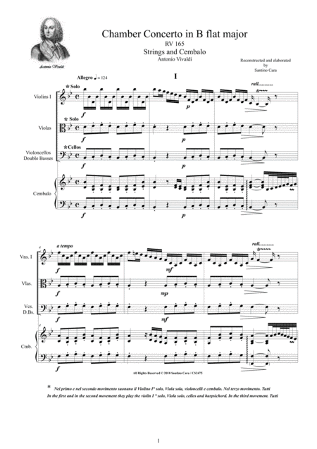 Free Sheet Music Vivaldi Chamber Concerto In B Flat Major Rv 165 For Strings And Cembalo