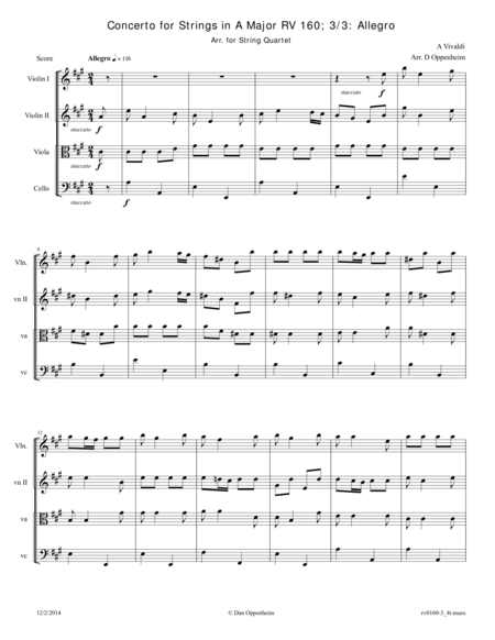 Free Sheet Music Vivaldi Concerto For Strings In A Major Rv 160 Movement 3 Allegro Arr For String Quartet