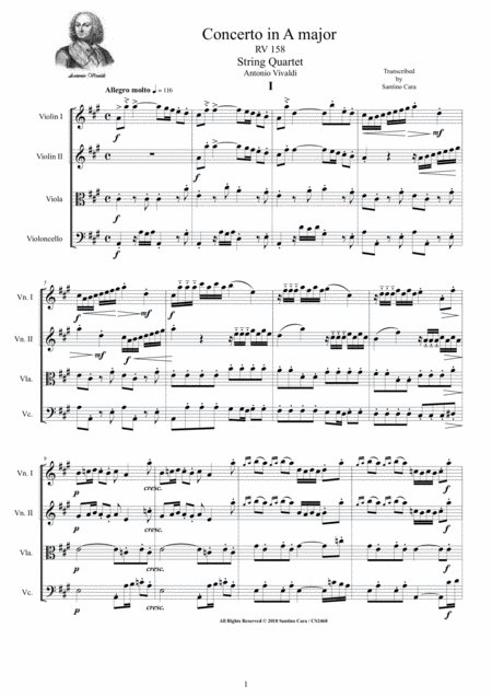 Vivaldi Concerto In A Major Rv 158 For String Quartet Complete Score And Parts Sheet Music