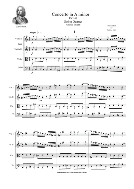 Vivaldi Concerto In A Minor Rv 161 For String Quartet Sheet Music