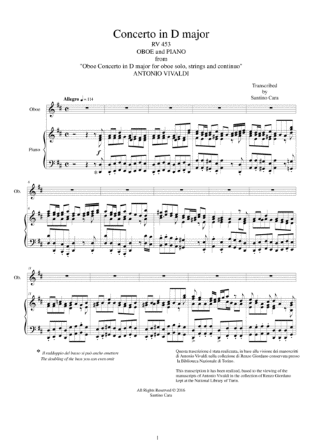 Free Sheet Music Vivaldi Concerto In D Major Rv 453 For Oboe And Piano