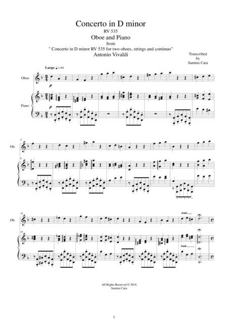 Free Sheet Music Vivaldi Concerto In D Minor For Oboe And Piano Rv 535