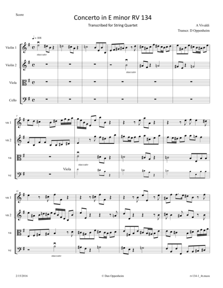 Vivaldi Concerto In E Minor Rv 134 Movement 1 Arr For String Quartet Sheet Music