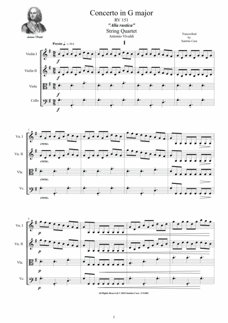 Vivaldi Concerto In G Major Alla Rustica Rv 151 For String Quartet Sheet Music