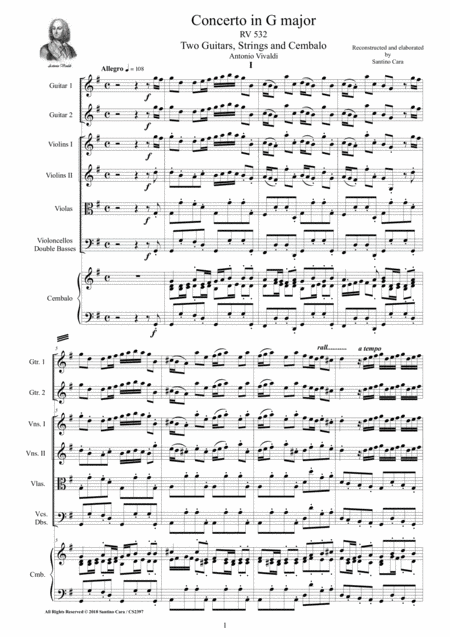 Free Sheet Music Vivaldi Concerto In G Major Rv 532 For Two Guitars Strings And Cembalo