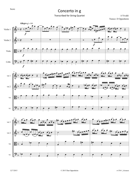 Free Sheet Music Vivaldi Concerto In G Minor Rv 156 Movement I Arranged For String Quartet