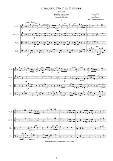 Vivaldi Concerto No 2 In D Minor Rv 244 Op 12 For String Quartet Score And Parts Sheet Music