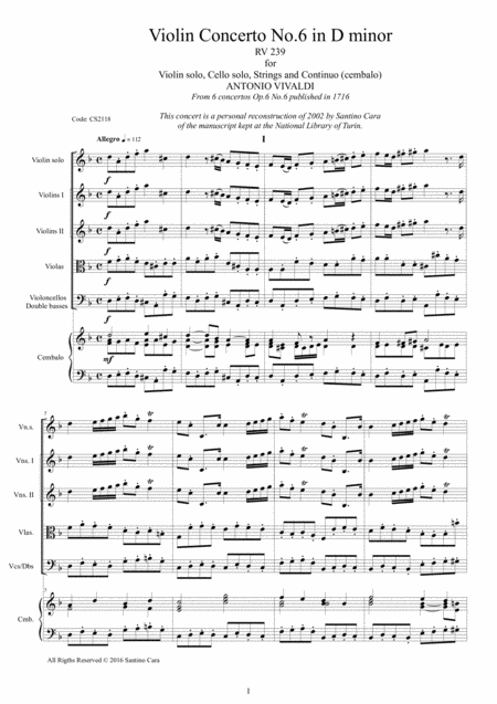 Free Sheet Music Vivaldi Concerto No 6 In D Minor Rv 239 Op 6 For Violin Strings And Continuo