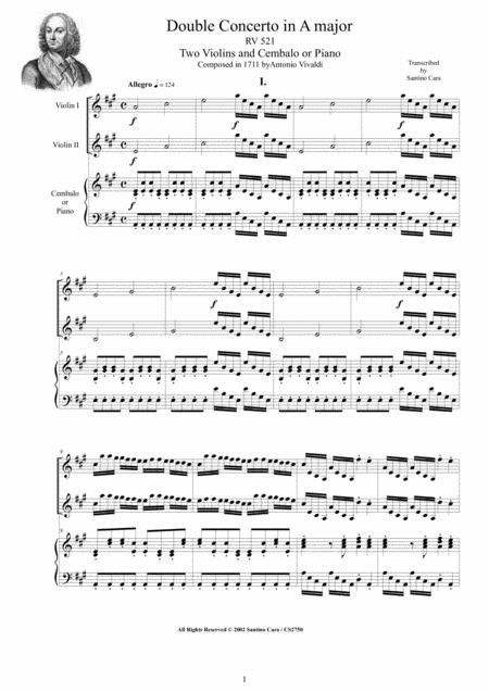 Vivaldi Double Concerto In A Major Rv 521 For Two Violins And Cembalo Or Piano Sheet Music