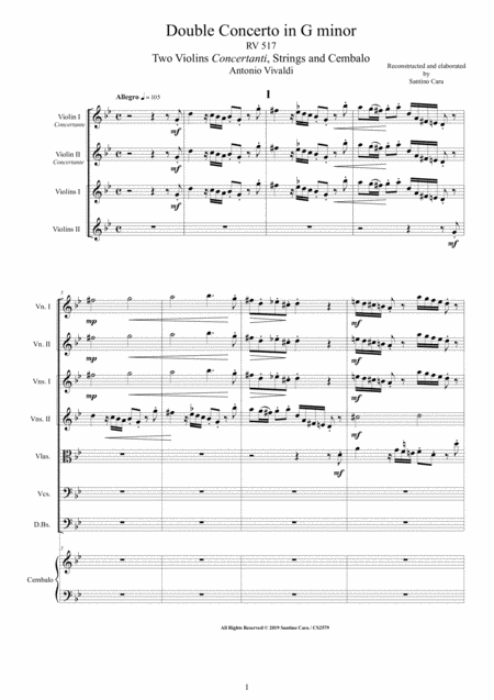 Vivaldi Double Concerto In G Minor Rv 517 For Two Violins Strings And Cembalo Sheet Music