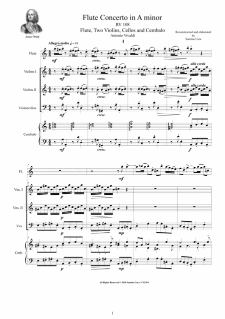Free Sheet Music Vivaldi Flute Concerto In A Minor Rv 108 For Flute Two Violins Cellos And Cembalo