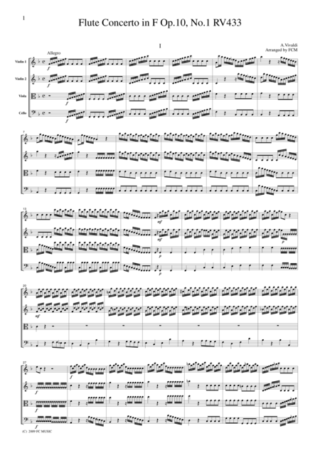 Free Sheet Music Vivaldi Flute Concerto In F Op 10 No 1 Rv433 All Mvts For String Quartet Cv107