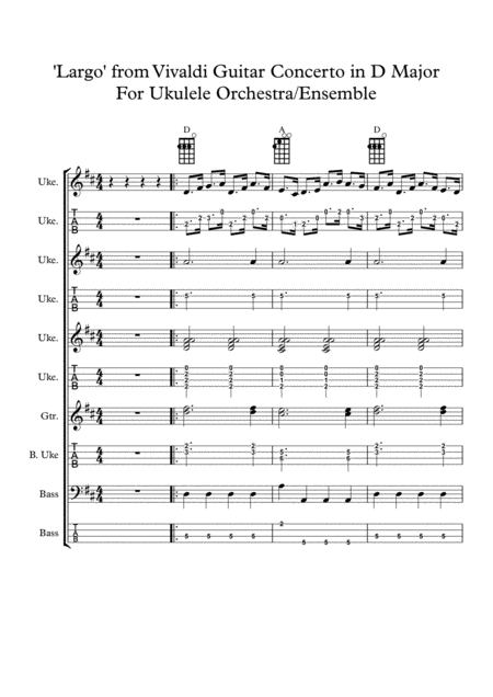 Vivaldi Guitar Concerto In D Major For Ukulele Orchestra Ensemble Music Tablature Sheet Music